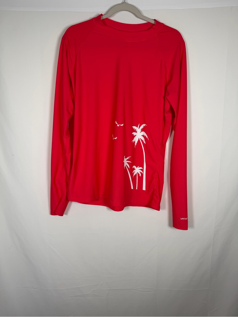 Red Pink Long-Sleeve Swim Rash Guard with‎ White Palm Print UPF 50+